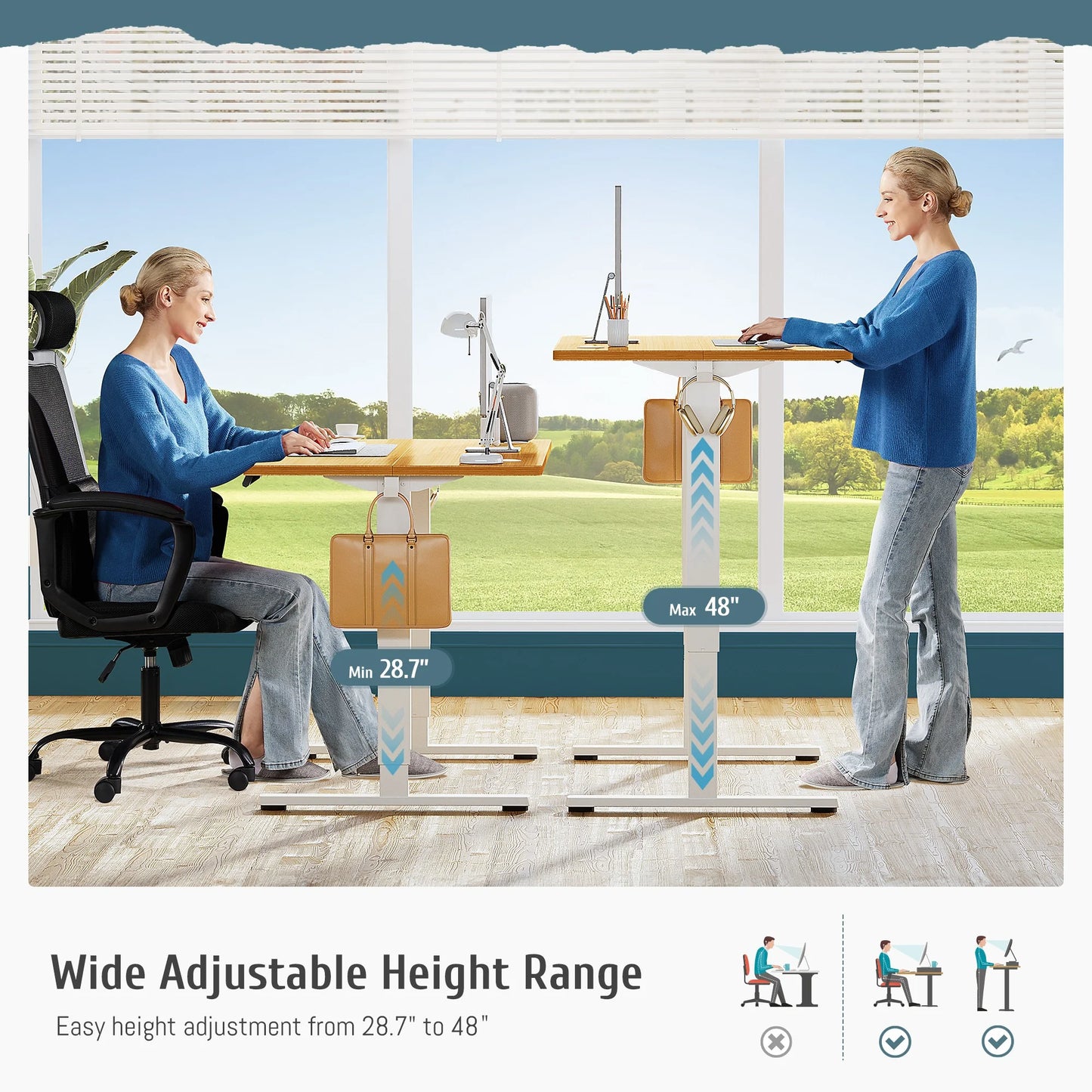 Electric Standing Desk with Double Drawer - 40 X 24 Inch Adjustable Height Sit to Stand up Desk with Storage Shelf, Rising Home Office Computer Table, Oak